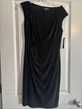 Lauren Ralph Lauren Black One-Shoulder Draped Midi Dress